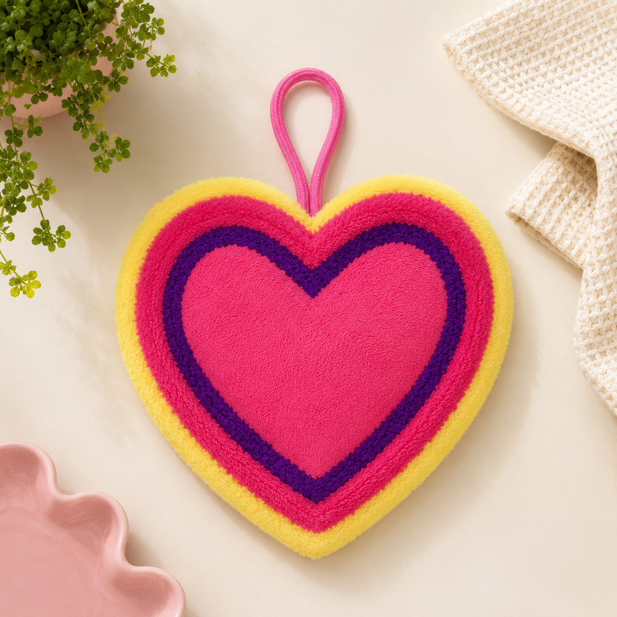 Essuie-mains Coréen Coeur Fluo Néon -Serviette Happy Hands