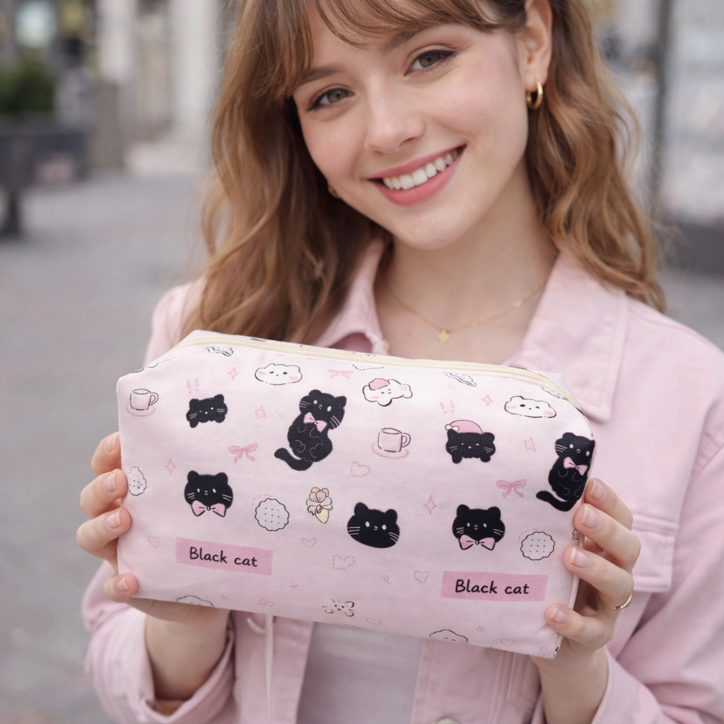 Trousse de toilette Chats noirs et Noeuds Roses