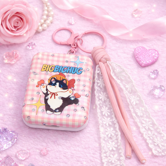 Miroir pliant - Porte clés Chat Vichy Rose