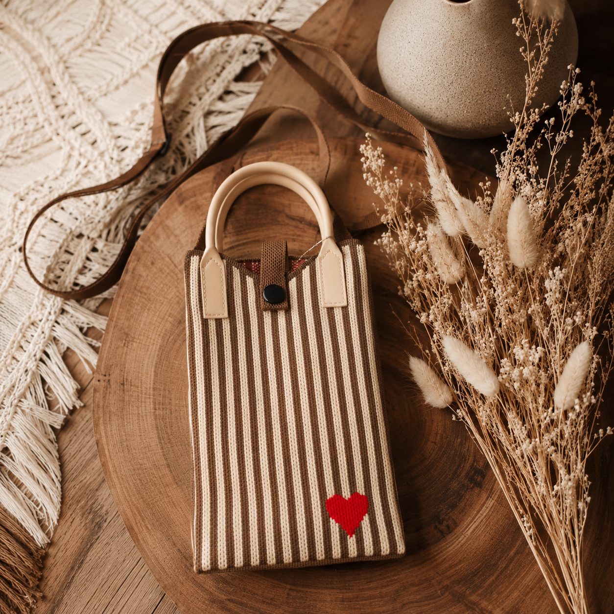 Pixie Bag Coeur Rayé Marron - Petit Sac téléphone portable