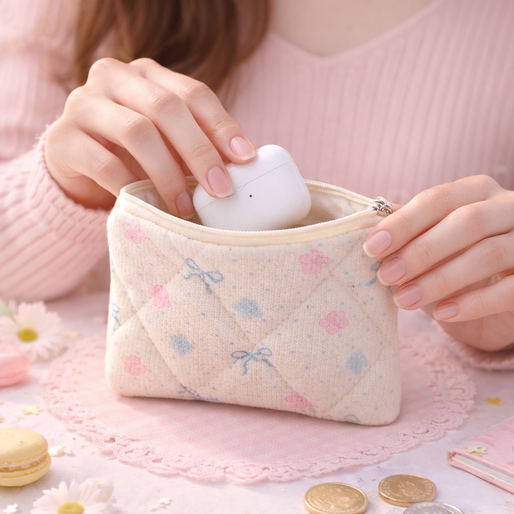 Porte-monnaie Fleurs et noeuds Blanc- Kawaï