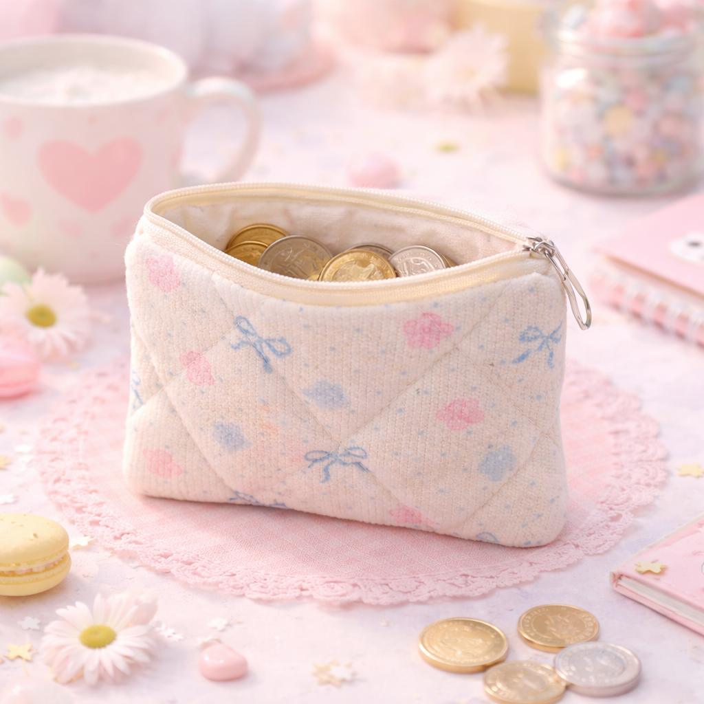 Porte-monnaie Fleurs et noeuds Blanc- Kawaï