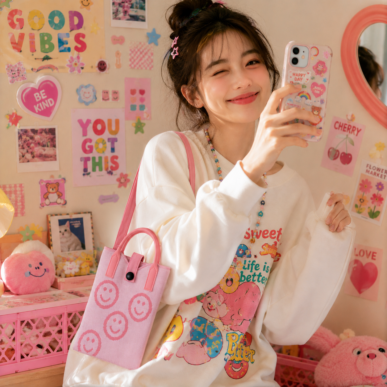 Pixie Bag Smiley Rose - Petit sac Coréen Téléphone portable